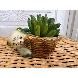 Vintage 50's Gray Kitten Cat on a Basket Planter Pot Kitsch Retro